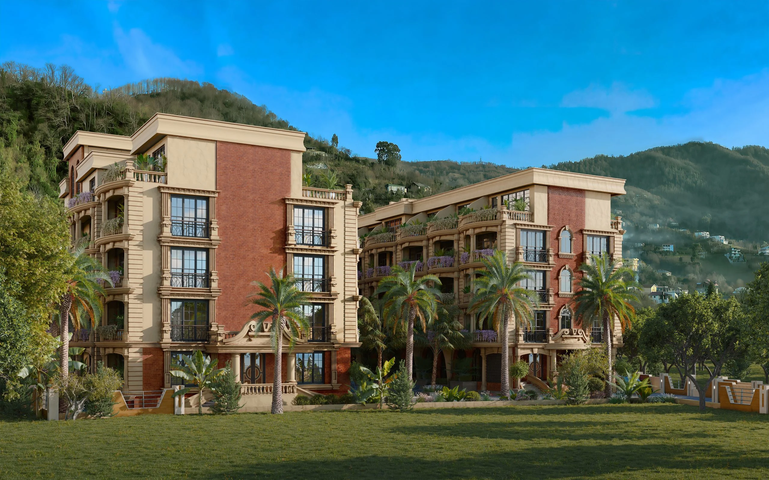 Family Club buildings against the Gonio mountains