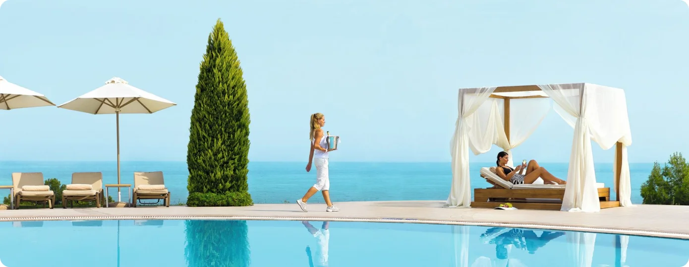 Pool terrace with sea views